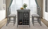 TREXM 5-Piece Multi-Functional Rubber Wood Counter Height Dining Set with Padded Chairs and Integrated 9 Bar Wine Compartment, Wineglass Holders for D